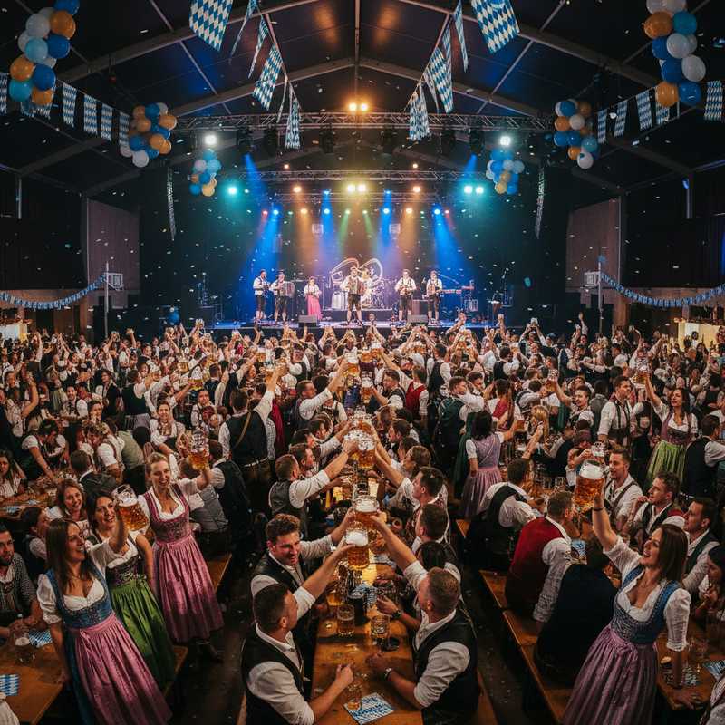 Publiek in Beierse klederdracht viert feest tijdens Oktoberfeesten in een grote evenementenhal met podium en verlichting