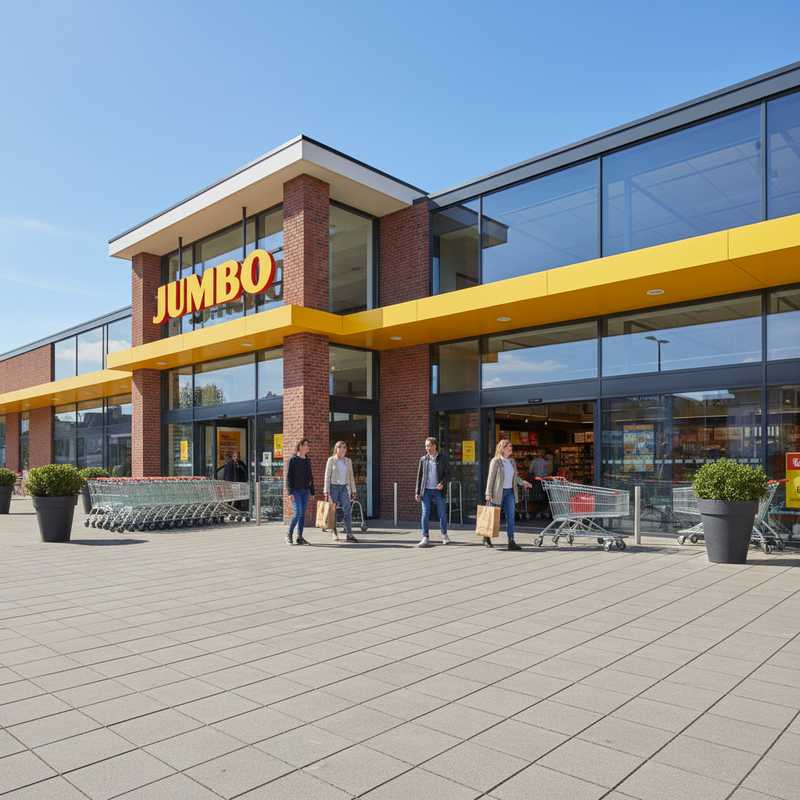Moderne Jumbo supermarkt gevel met kenmerkende gele en rode huisstijl en klanten bij de ingang