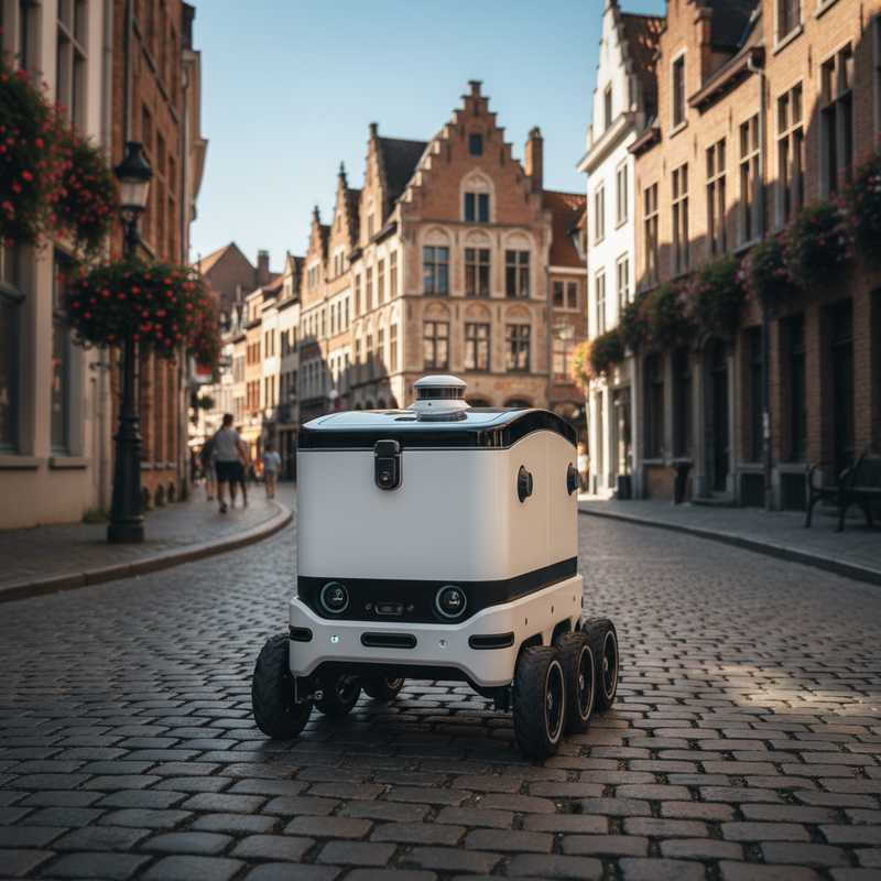 Klein wit autonoom bezorgwagentje met wielen rijdt over Belgische kasseienstraat met historische gevels op achtergrond