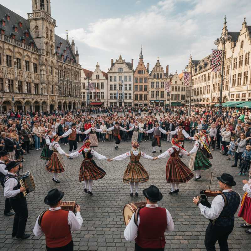 Folkloredansers in traditionele kledij treden op tijdens de Paasfeesten op een plein in het centrum van Leuven