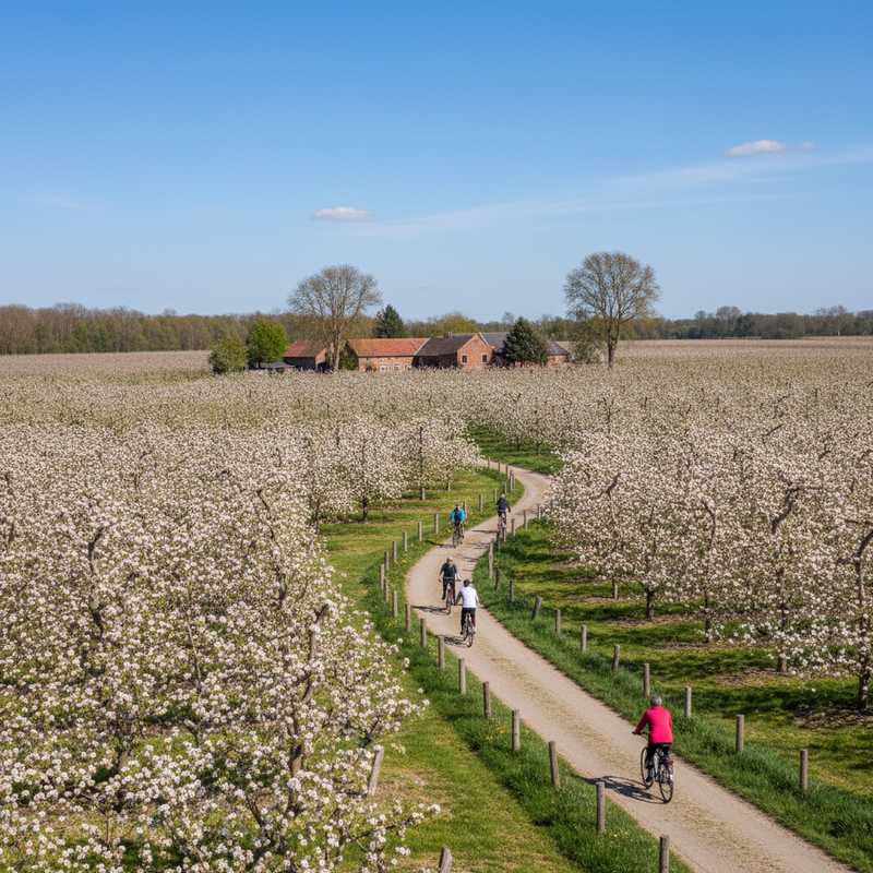 Cyclists riding through blooming fruit orchards with white pear blossoms in Hageland Belgium