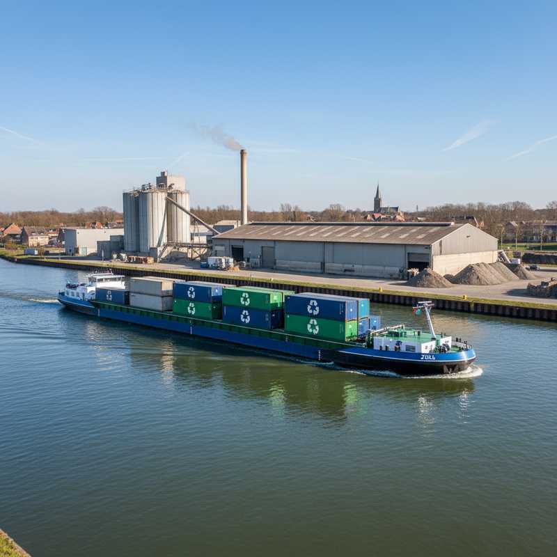 Binnenvaartschip geladen met afvalcontainers op waterweg bij Leuven