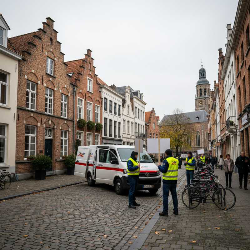 Postbezorgers tijdens staking in Leuven met vakbondsborden naast postbusje