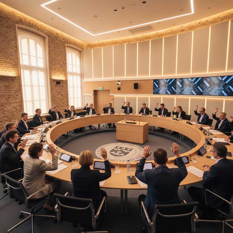 Gemeenteraadzaal met raadsleden die unaniem stemmen tijdens vergadering over mensenrechtenadviesraad