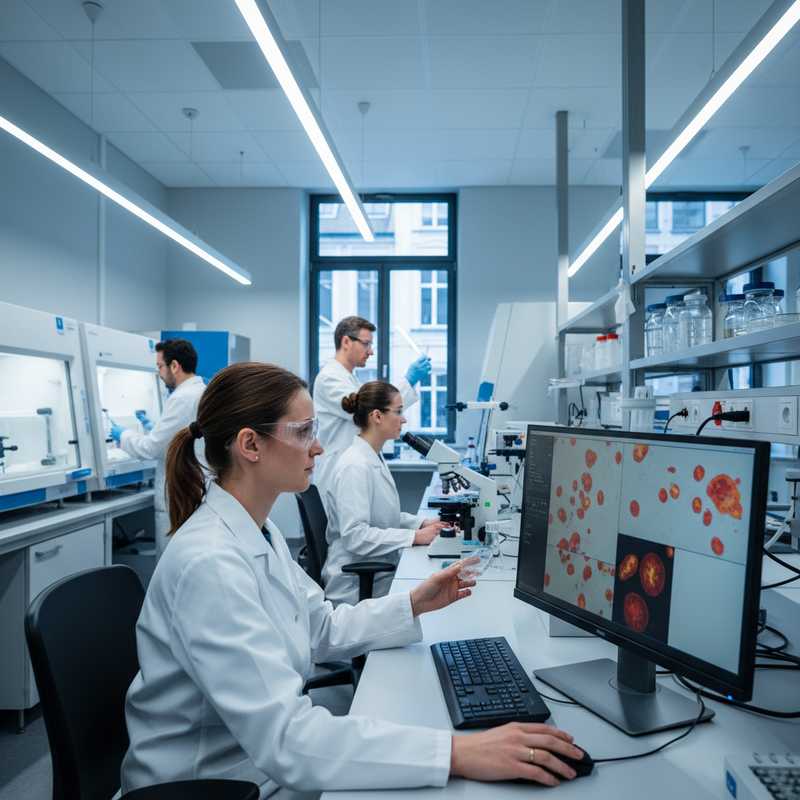 Wetenschappers in een modern laboratorium van KU Leuven bestuderen celculturen onder microscopen voor kankeronderzoek