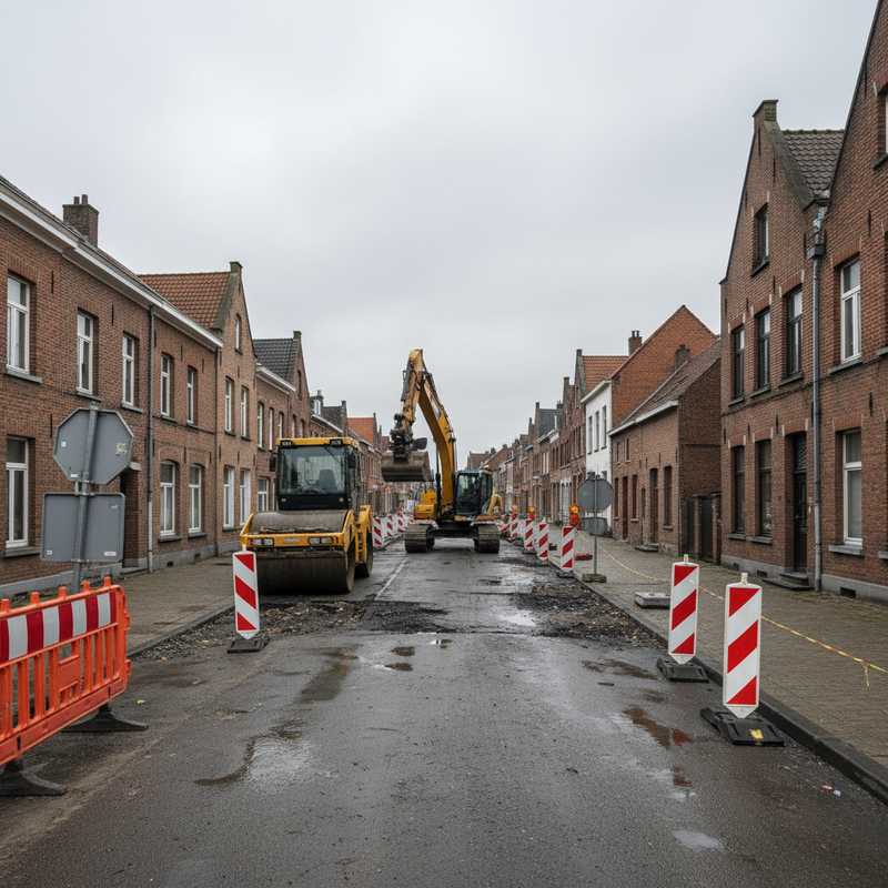 Stilgelegde wegenwerken met bouwmateriaal en afzettingen in Vlaamse gemeente