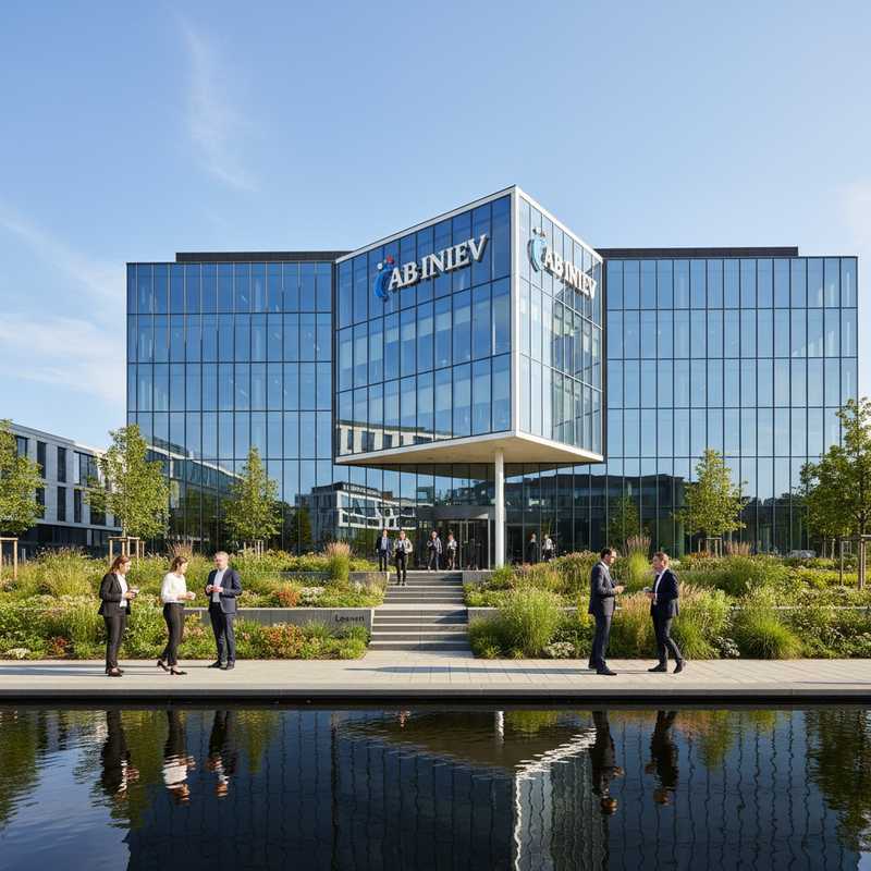 Moderne kantoorgebouw van AB InBev hoofdzetel in Leuven met logo en medewerkers