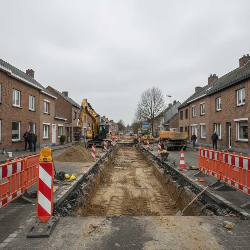 Stilgelegde wegenwerken met afgegraven straat en oranje veiligheidsbarrières in woonwijk