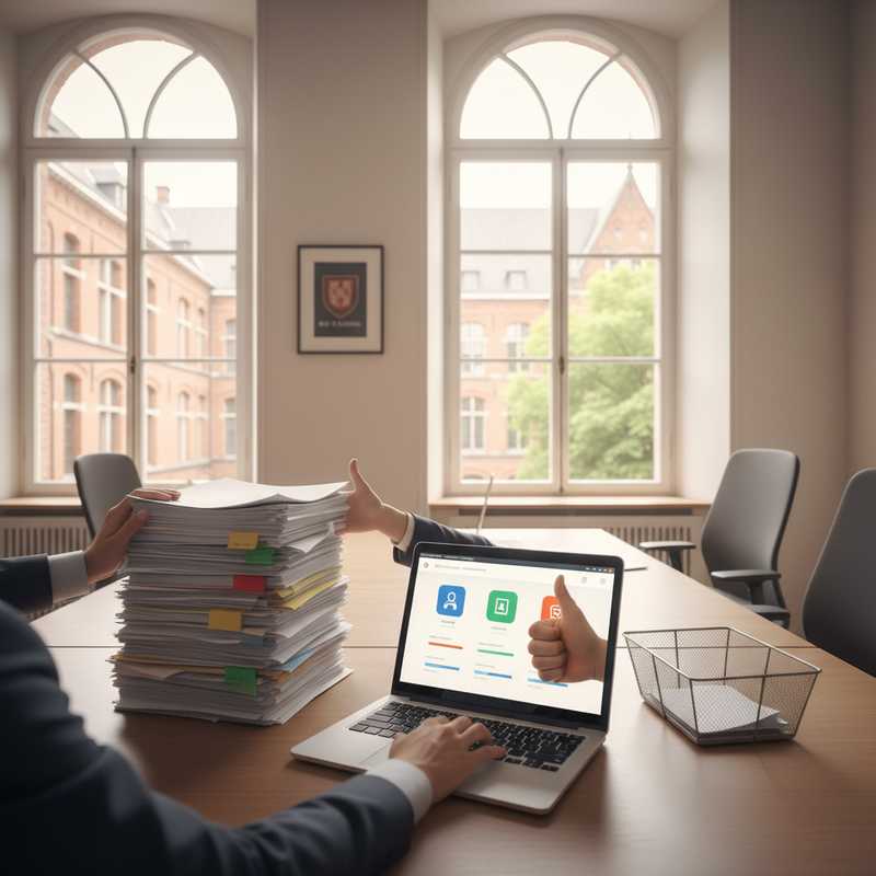 Modern kantoor met laptop en minder papierwerk, symbool voor administratieve vereenvoudiging aan KU Leuven