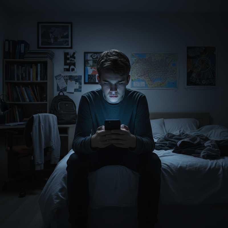 Tiener kijkt geconcentreerd naar smartphone in donkere kamer met blauw scherm licht