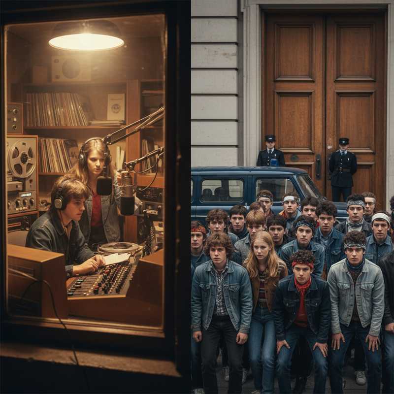 Jaren 80 radiostudio met vintage apparatuur en studenten die een deur blokkeren tijdens protest