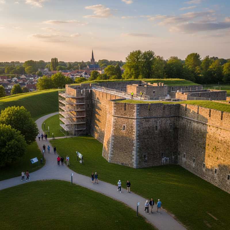 Historische Citadel van Diest met stenen vestingmuren en bezoekers, symboliseert erfgoedherstel door publiek-private samenwerking