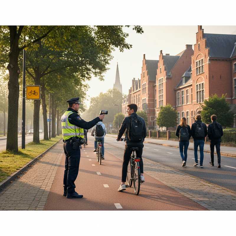 Belgische politieagent in fluovest controleert fietsverkeer op fietspad bij schoolzone in Leuven