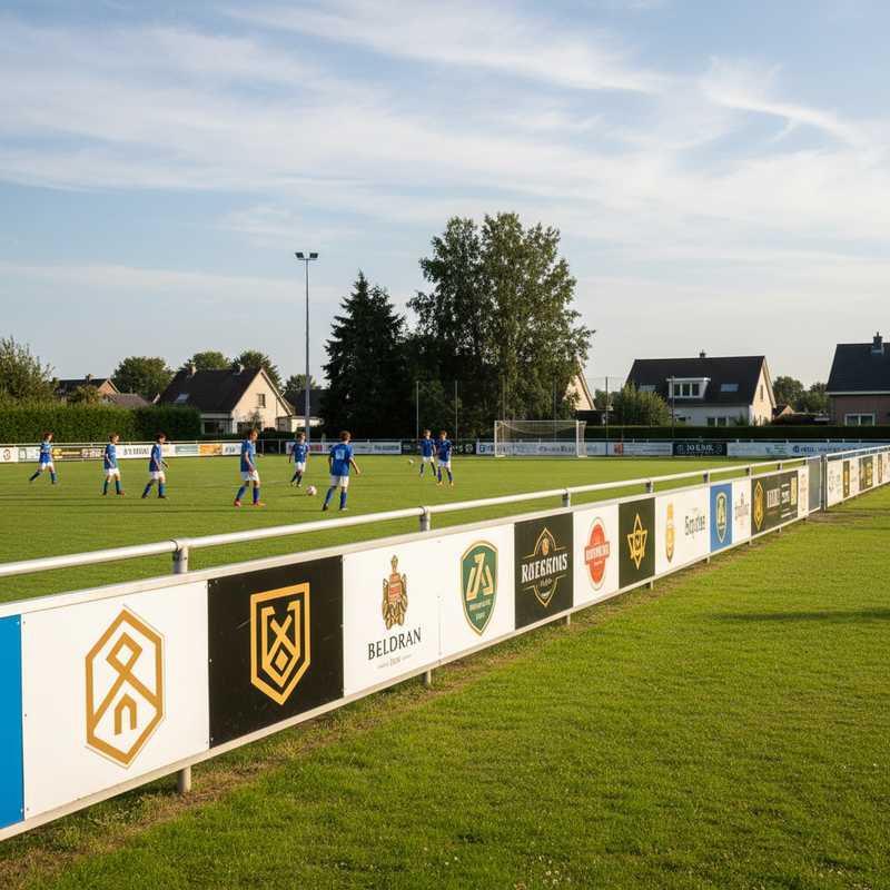 Sportveld met reclameborden van alcoholmerken en voetballende jongeren op de achtergrond