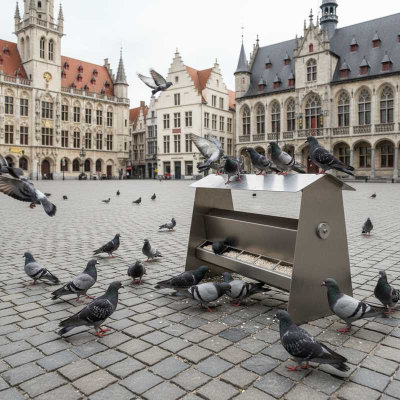 Duiven bij een voederbak op een stadsplein in Leuven, onderdeel van de aanpak tegen duivenoverlast