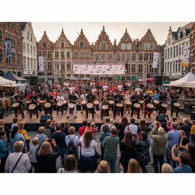 Grote groep percussionisten speelt samen tijdens Dromfest evenement in Leuven met publiek op de achtergrond