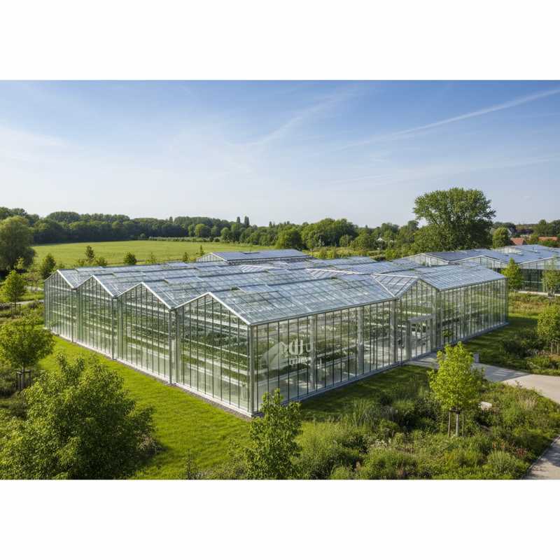 Modern glazen kassencomplex met duurzame technologie omringd door groen in Heverlee