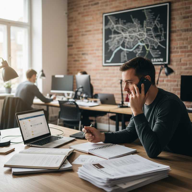 Journalist aan het werk met laptop en telefoon in moderne nieuwsredactie met stadskaart Leuven op achtergrond