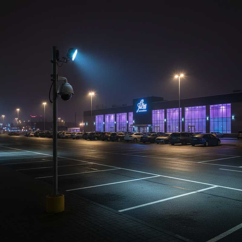 Nachtelijke parking bij uitgaansgelegenheid met veiligheidsverlichting en beveiligingscamera