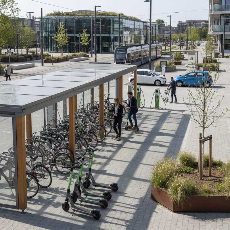 Moderne mobiliteitsknoop met fietsparkeren, deelscooters en elektrische oplaadstations waar mensen overstappen tussen vervoersmiddelen