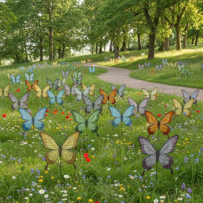 Begraafplaats met kleurrijke vlindervormige herkenningspalen tussen groen gras en bloemen
