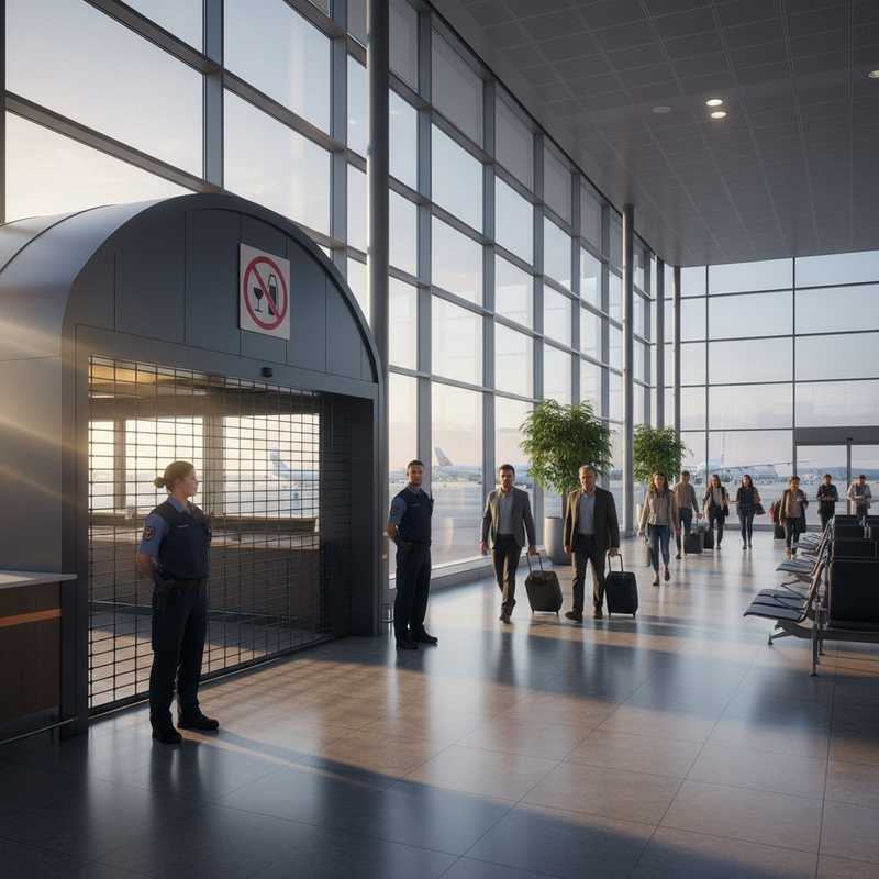 Lege luchthavensbar in moderne terminal met voorbijlopende reizigers, symboliserend voorgestelde alcoholregels