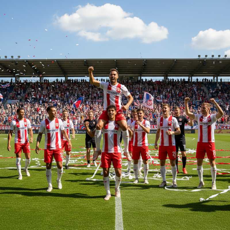 OH Leuven spelers vieren overwinning op het veld in het King Power at Den Dreef stadion
