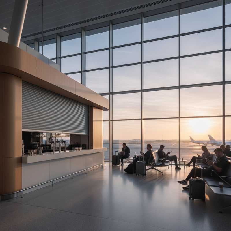 Lege bar met gesloten luiken op luchthaven in de vroege ochtend, passagiers wachten met koffie
