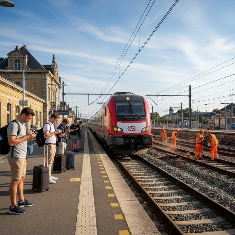 Trein vertrekt van station Leuven terwijl spoorwegarbeiders onderhoudswerkzaamheden uitvoeren