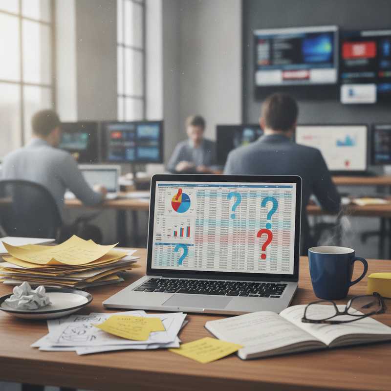Laptop op redactiebureau met spreadsheets en vraagtekens, symboliseert het kritisch beoordelen van data voor nieuwsartikels
