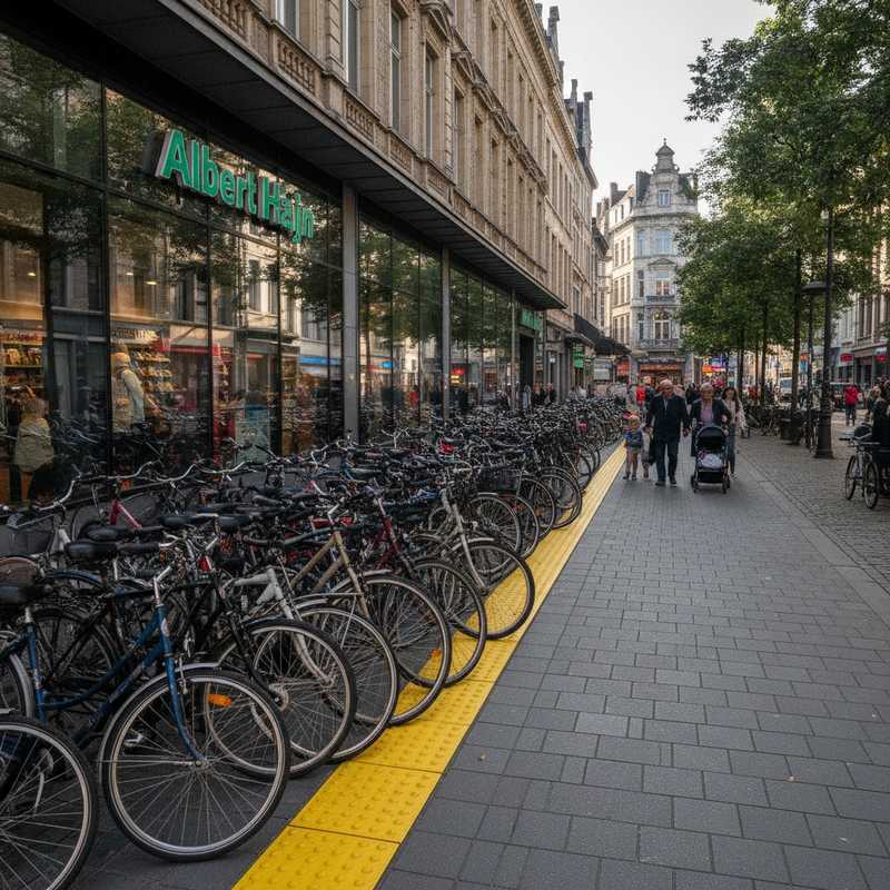 Chaotisch geparkeerde fietsen op voetpad blokkeren gele geleidelijnen voor blinden en slechtzienden voor supermarkt