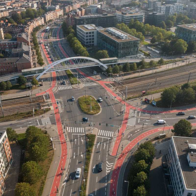 Luchtfoto van het Vuntcomplex in Leuven met nieuw kruispunt, verkeerslichten en brug over spoorlijn