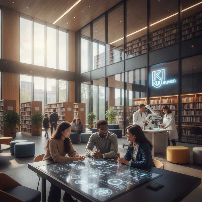 Internationale studenten en onderzoekers werken samen in een moderne universitaire omgeving aan KU Leuven
