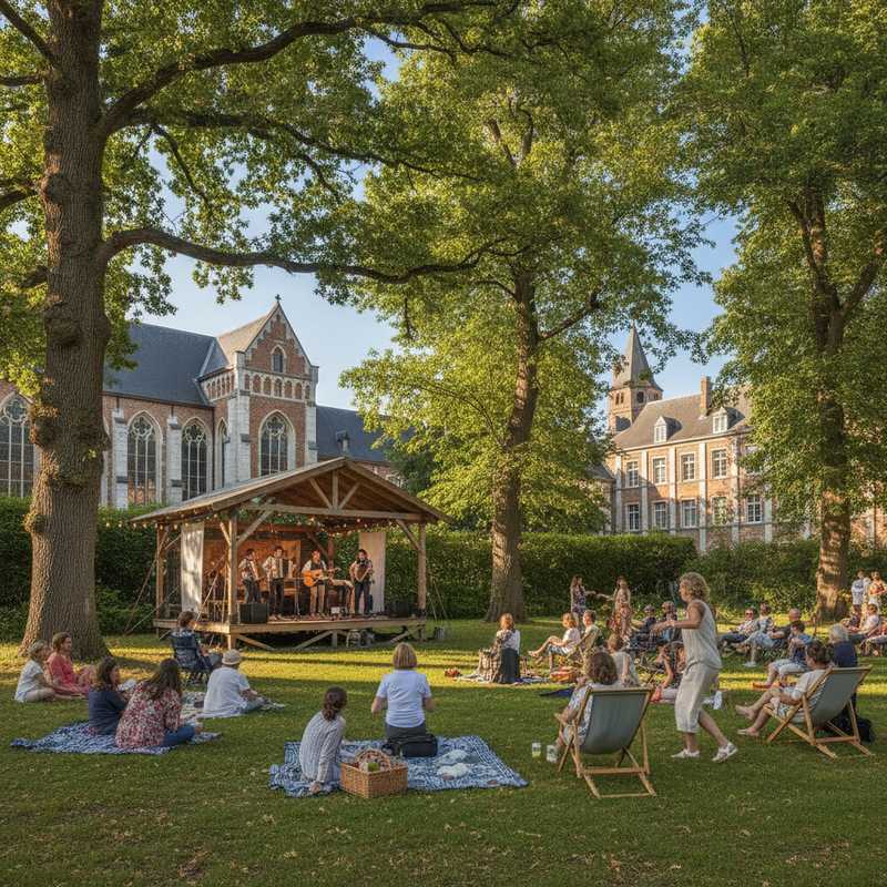 Historische abdijtuinen met openluchtpodium en publiek op het gras tijdens zomers muziekfestival