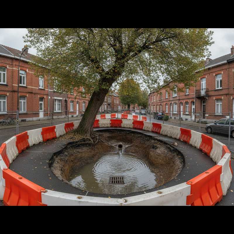 Graafwerf met bouwput in straat Ten Wijngaard Leuven, boom staat naast opgegraven wegdek