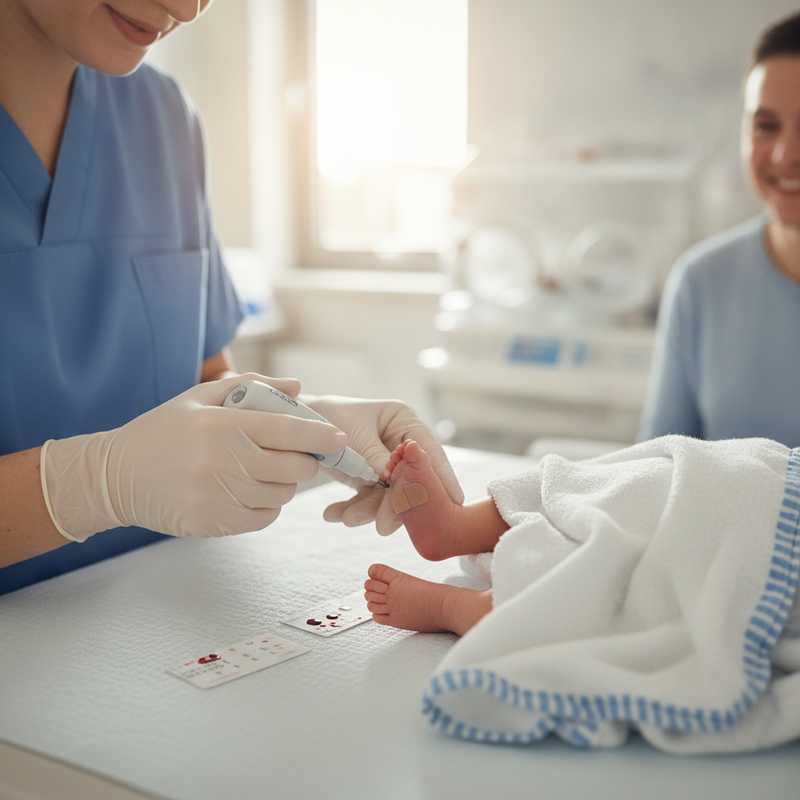 Medisch professional voert hielpriktest uit bij pasgeboren baby in ziekenhuiskraamafdeling
