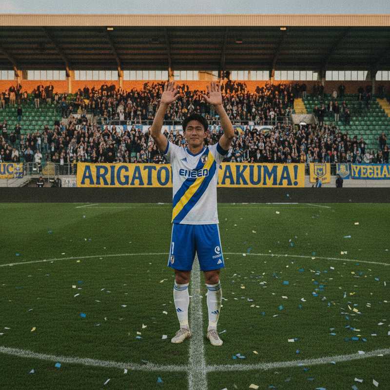 Voetballer Takuma Ominami in OH Leuven shirt neemt afscheid van supporters in stadion