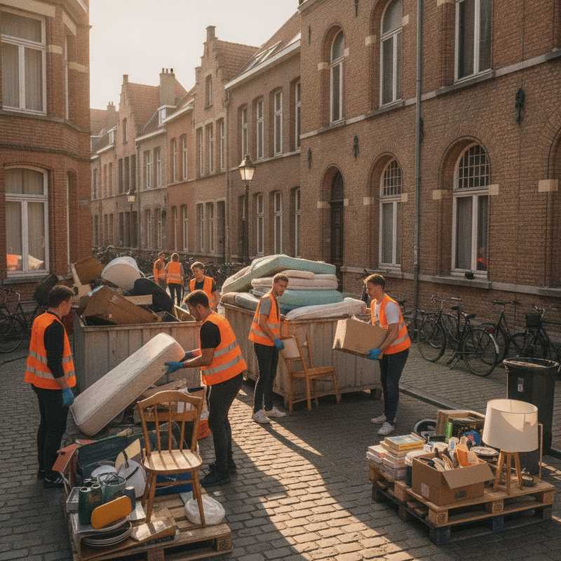 Stadsmedewerkers en studenten bij een tijdelijk afvalinzamelpunt met meubels en grofvuil in een Leuvense kotbuurt