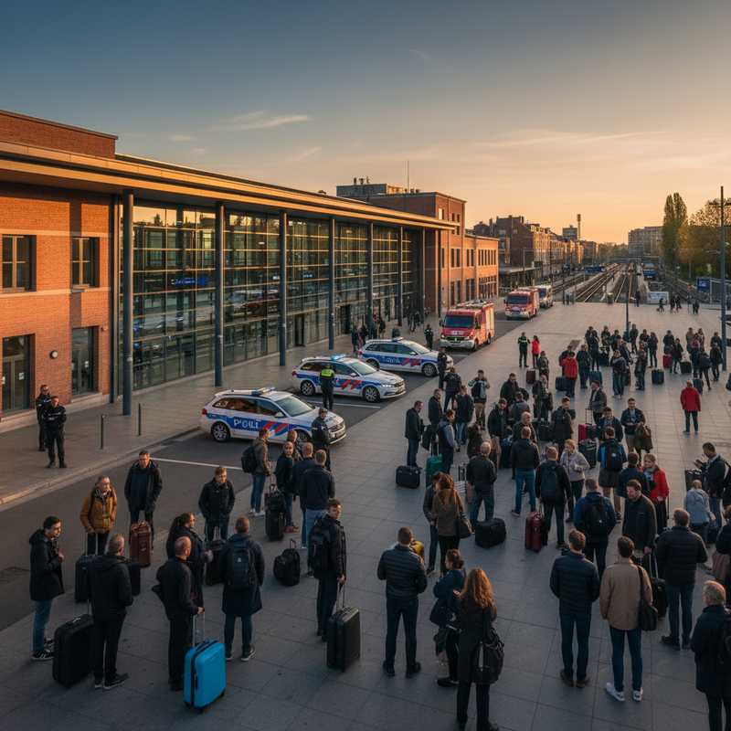 Politievoertuigen en hulpdiensten bij Leuven station tijdens evacuatie na bommelding