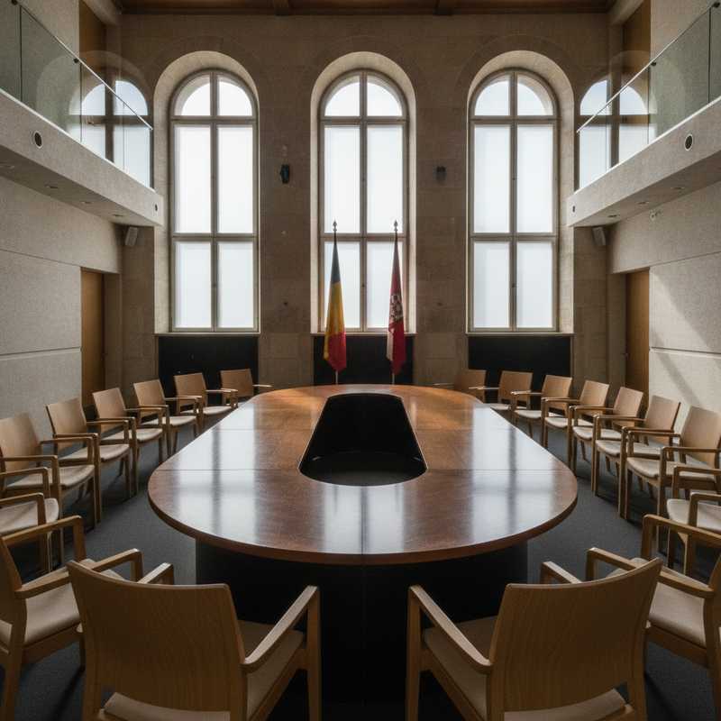 Leeg gemeenteraadskamer in Leuven met vergadertafel en stoelen, symboliseert politieke wissel in stadsbestuur