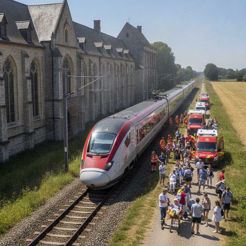 Noodhulpverleners helpen treinpassagiers bij gestrand Eurostar-trein nabij Abdij van Park Leuven tijdens hittegolf