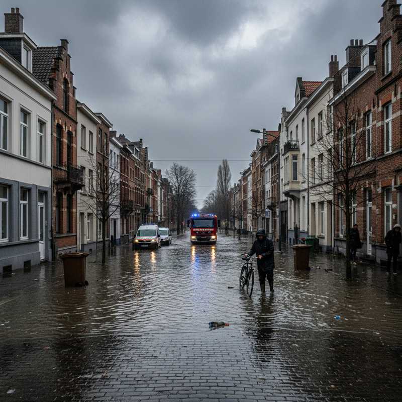 Overstroomde straat in Leuven met water op de weg en brandweerwagen op de achtergrond tijdens onweer