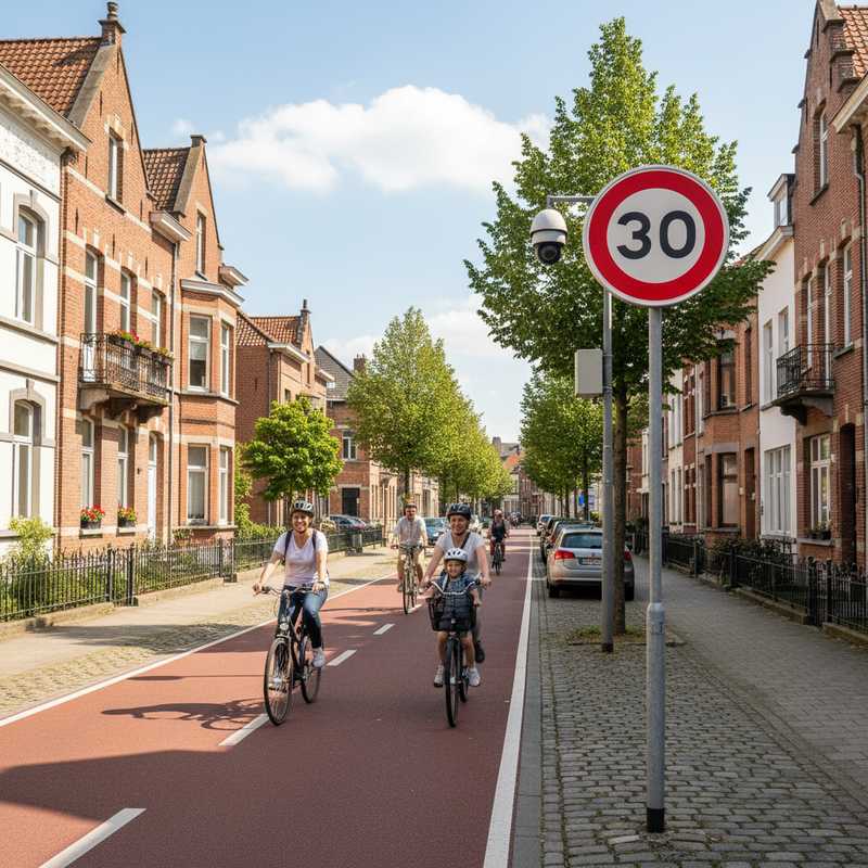 Zone 30 verkeersbord in Leuvense woonwijk met fietsers en flitscamera