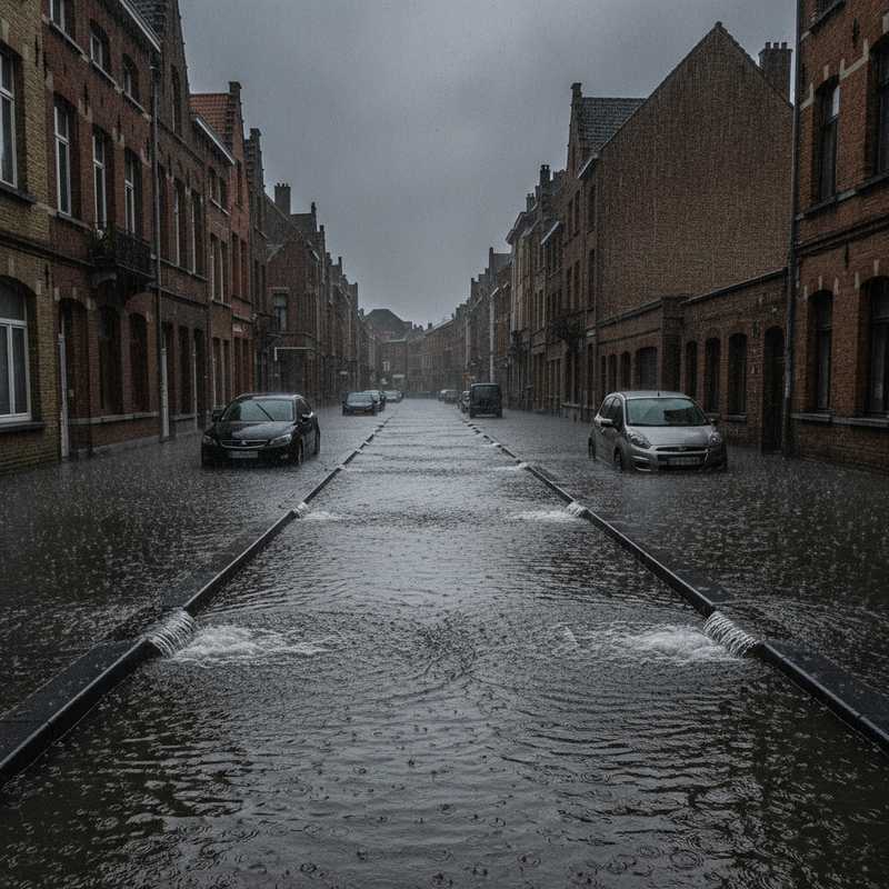 Ondergelopen straat in Leuven met water tot aan de stoeprand en overlopende rioolputten tijdens hevige regen