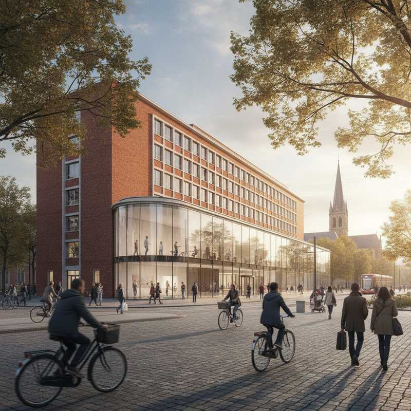 Gerenoveerd ziekenhuisgebouw met moderne ingang en mensen op fietsen ervoor in Leuvens stadscentrum