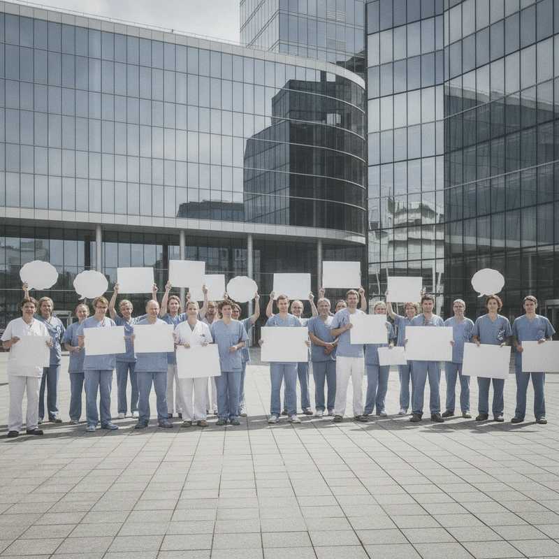 Verpleegkundigen en zorgmedewerkers demonstreren met protestborden voor een ziekenhuisgebouw