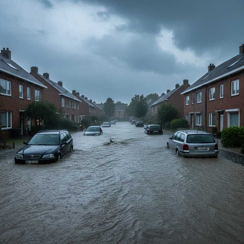 Ondergelopen straat met hoog water en regenval in Vlaams-Brabant