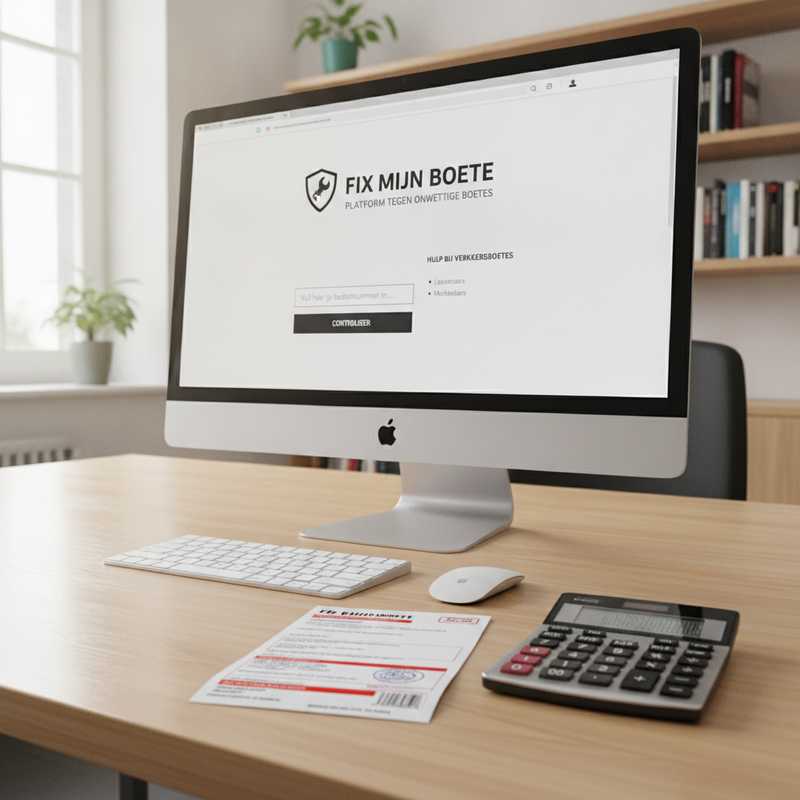 Computerscherm met website Fix mijn Boete en verkeersboete op bureau