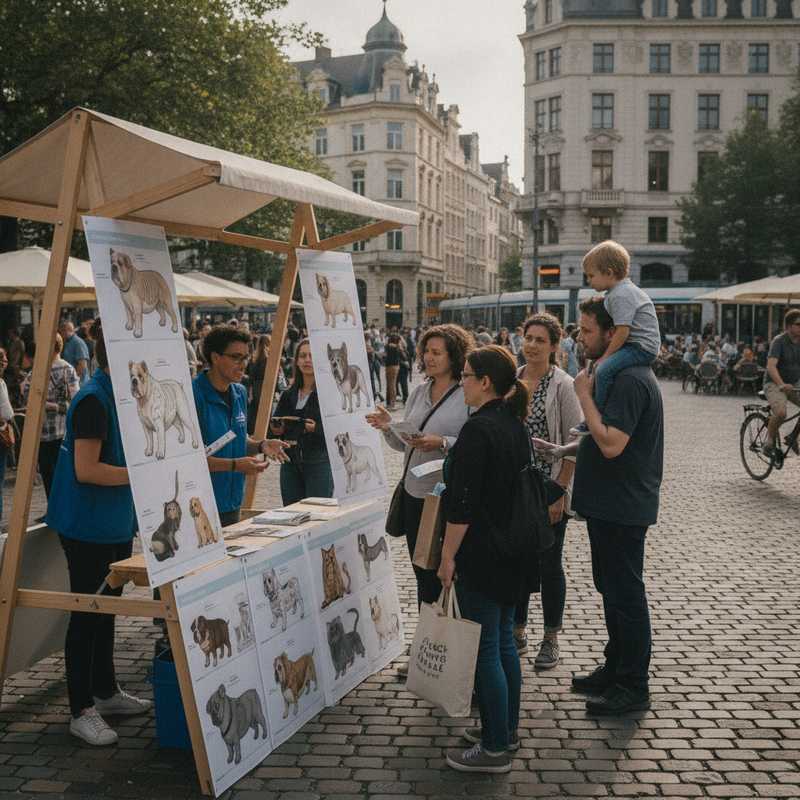 Informatiestand van Gaia op het Martelarenplein met vrijwilligers en educatief materiaal over designerdieren