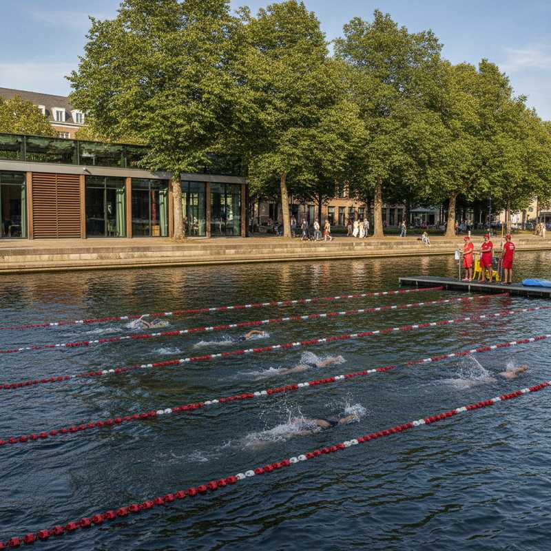 Zwemmers in afgebakende zwembanen in de Leuvense Vaart met redders en boothuis op de achtergrond
